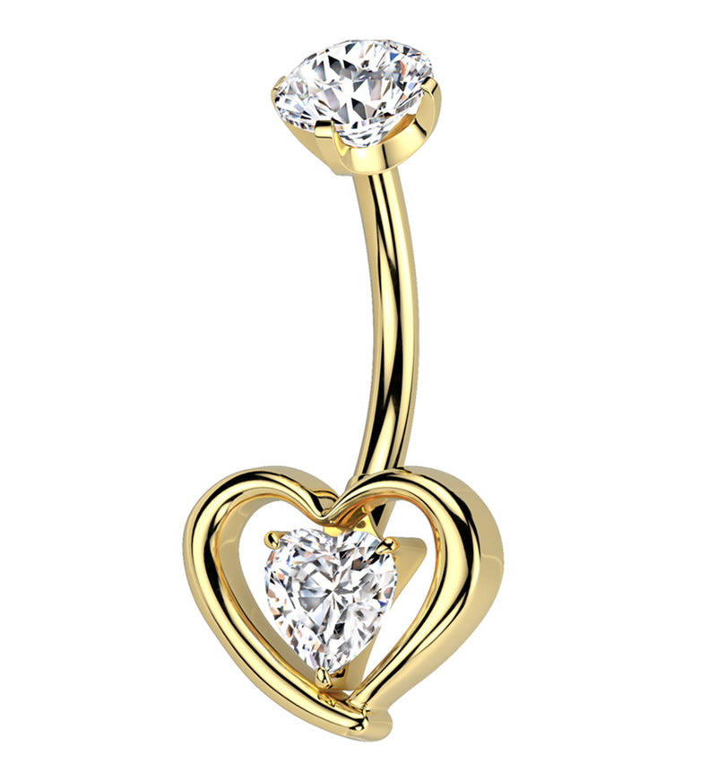 Gold PVD Enveloped Heart Clear CZ Titanium Internally Threaded Belly Button Ring