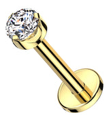 Gold PVD Flat Back Prong Clear CZ Internally Threaded Titanium Labret