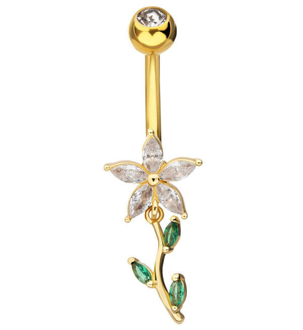 Gold PVD Flower Clear And Emerald CZ Dangle Stainless Steel Belly Button Ring