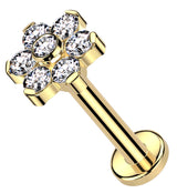 Gold PVD Flower Clear CZ Flat Back Titanium Threadless Labret