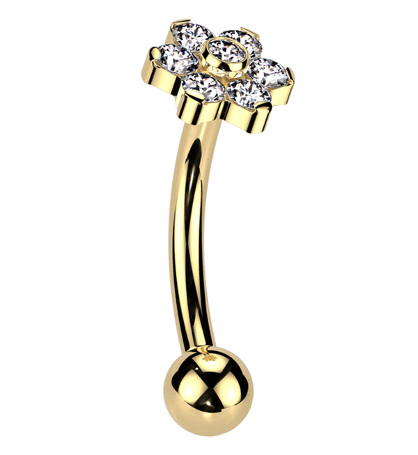 Gold PVD Flower Clear CZ Titanium Threadless Curved Barbell