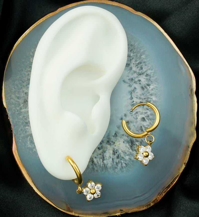 Gold PVD Flower Dangle Clear CZ Stainless Steel Hoop Earrings