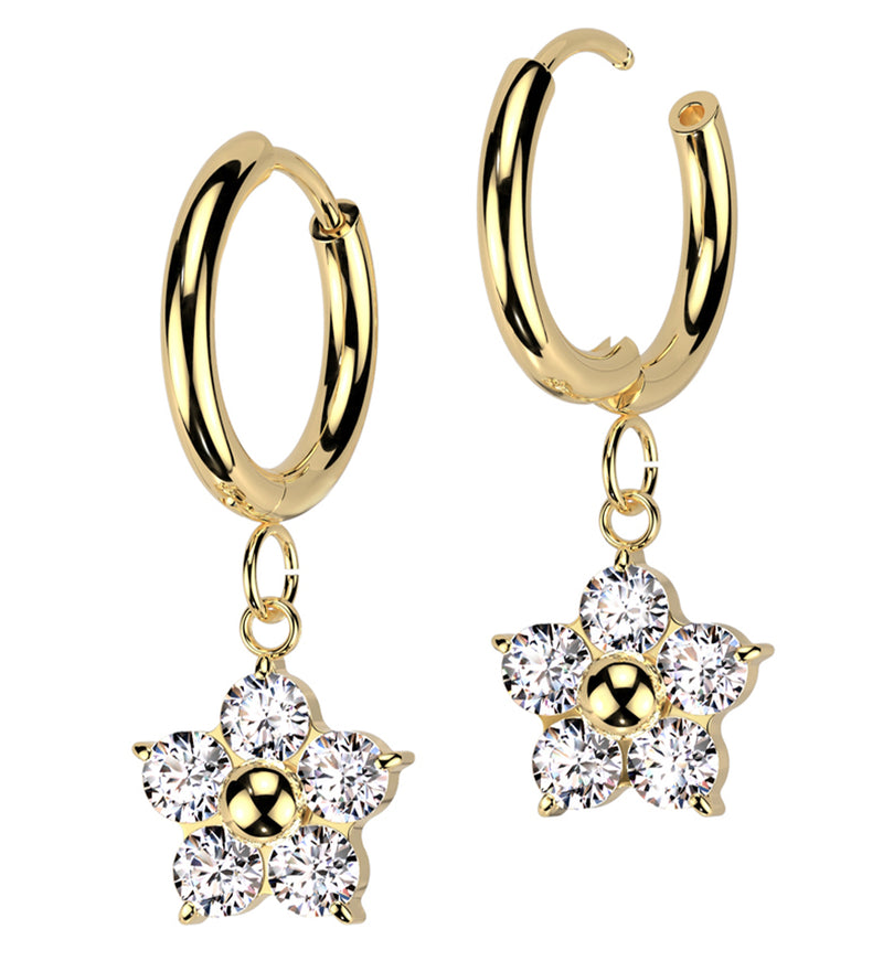 Gold PVD Flower Dangle Clear CZ Stainless Steel Hoop Earrings