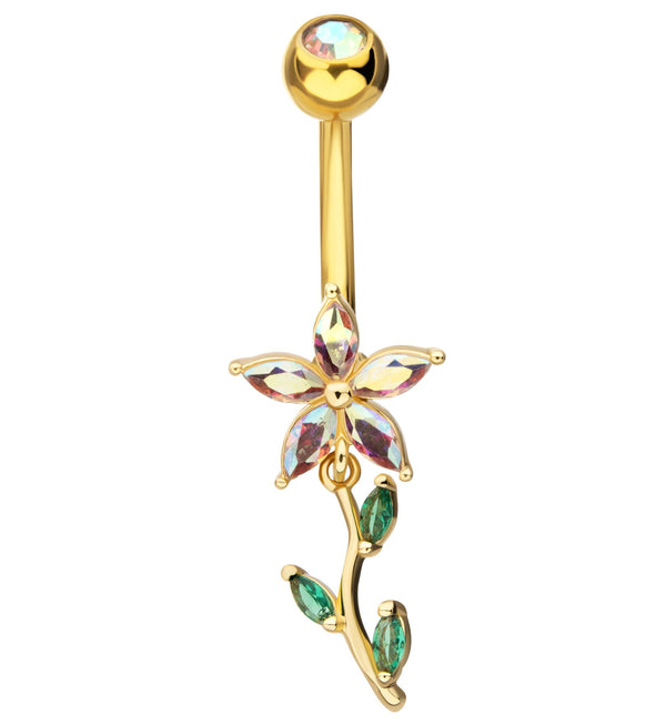 Gold PVD Flower Rainbow Aurora And Emerald CZ Dangle Stainless Steel Belly Button Ring