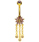 Gold PVD Flower Triple Amethyst CZ Dangle Stainless Steel Belly Button Ring