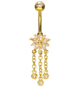 Gold PVD Flower Triple Clear CZ Dangle Stainless Steel Belly Button Ring