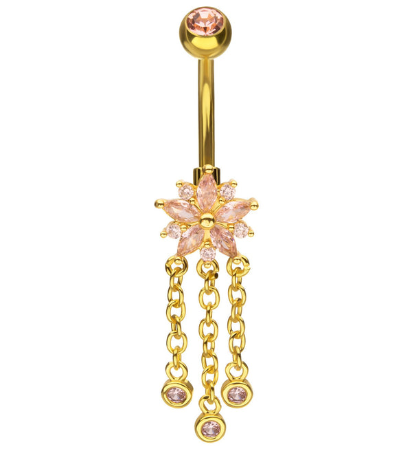 Gold PVD Flower Triple Pink CZ Dangle Stainless Steel Belly Button Ring