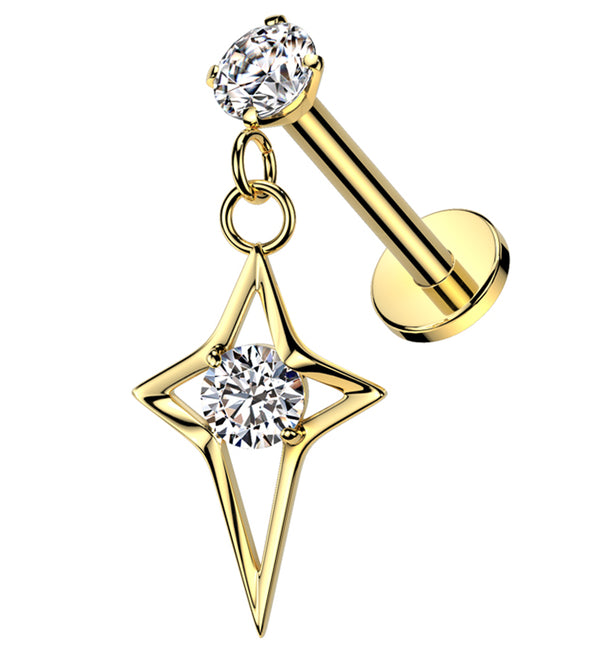 Gold PVD Four Point Star Dangle Clear CZ Internally Threaded Stainless Steel Labret