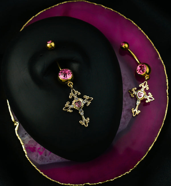 Gold PVD Gothic Cross Pink CZ Dangle Stainless Steel Belly Button Ring