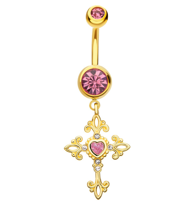 Gold PVD Gothic Cross Pink CZ Dangle Stainless Steel Belly Button Ring