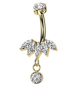 Gold PVD Half Crown Dangle Clear CZ Titanium Internally Threaded Belly Button Ring