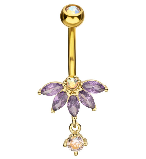 Gold PVD Half Flower Amethyst And Rainbow Aurora CZ Dangle Stainless Steel Belly Button Ring