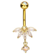 Gold PVD Half Flower Clear And Rainbow Aurora CZ Dangle Stainless Steel Belly Button Ring