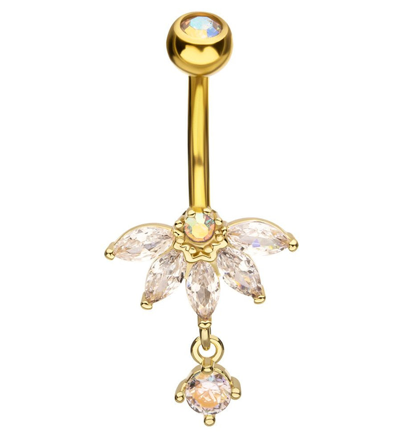 Gold PVD Half Flower Clear And Rainbow Aurora CZ Dangle Stainless Steel Belly Button Ring