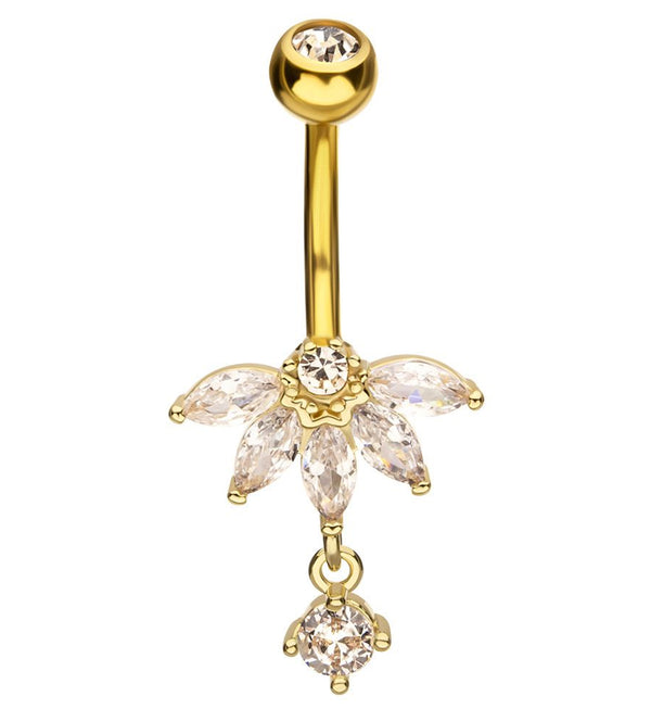 Gold PVD Half Flower Clear CZ Dangle Stainless Steel Belly Button Ring