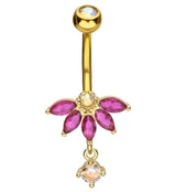 Gold PVD Half Flower Fuchsia And Rainbow Aurora CZ Dangle Stainless Steel Belly Button Ring