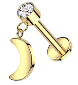 Gold PVD Half Moon Dangle Clear CZ Titanium Threadless Labret