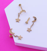 Gold PVD Half Moon Dangle Star Internally Threaded Titanium Labret