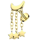 Gold PVD Half Moon Triple Dangle Star Internally Threaded Titanium Labret