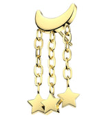 Gold PVD Half Moon Triple Dangle Star Titanium Threadless Top