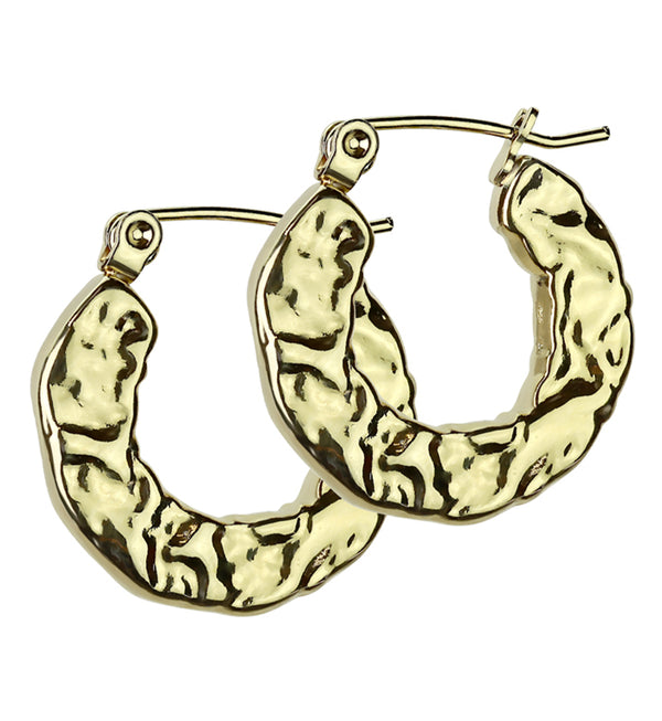 Gold PVD Hammered Hoop Stainless Steel Hinged Earrings