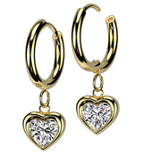 Gold PVD Heart Clear CZ Dangle Stainless Steel Hinged Earrings