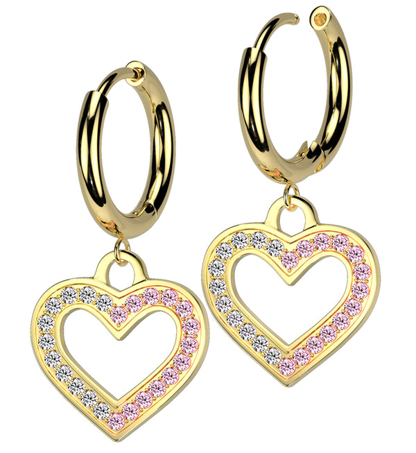 Gold PVD Heart Cutout Clear And Pink CZ Stainless Steel Hinged Earrings