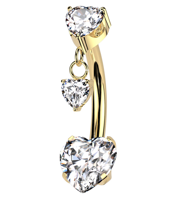 Gold PVD Heart Dangle Clear CZ Titanium Threadless Belly Button Ring