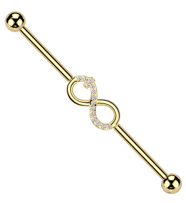 Gold PVD Infinity Symbol Clear CZ Internally Threaded Titanium Industrial Barbell