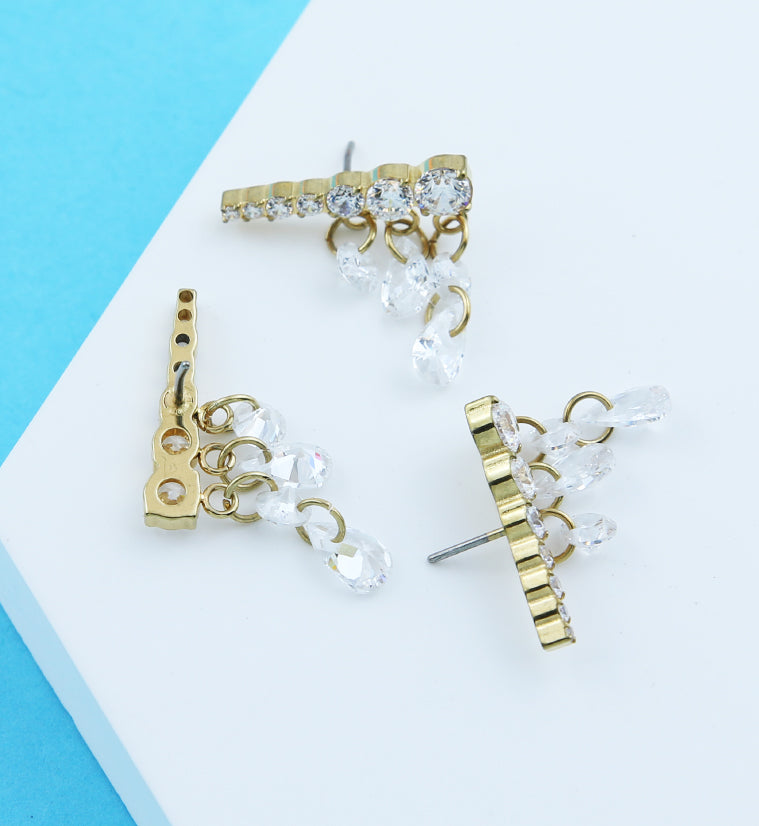 Gold PVD Long Descending Clear CZ Dangle Charms Titanium Threadless Top - LEFT EAR