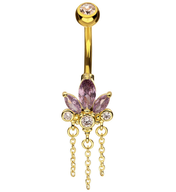 Gold PVD Lotus Flower Amethyst CZ Triple Chain Dangle Stainless Steel Belly Button Ring