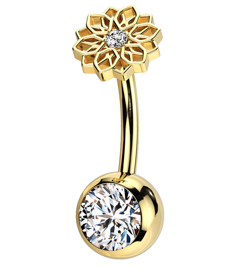 Gold PVD Lotus Flower Clear CZ Titanium Threadless Belly Button Ring