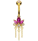 Gold PVD Lotus Flower Fuchsia CZ Triple Chain Dangle Stainless Steel Belly Button Ring