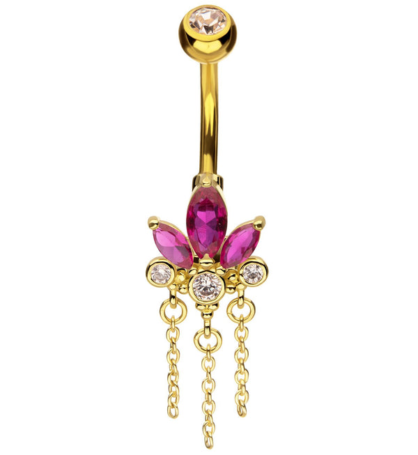 Gold PVD Lotus Flower Fuchsia CZ Triple Chain Dangle Stainless Steel Belly Button Ring