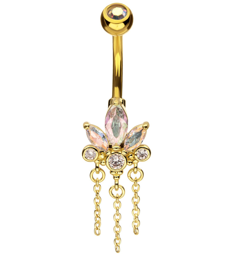 Gold PVD Lotus Flower Rainbow Aurora CZ Triple Chain Dangle Stainless Steel Belly Button Ring