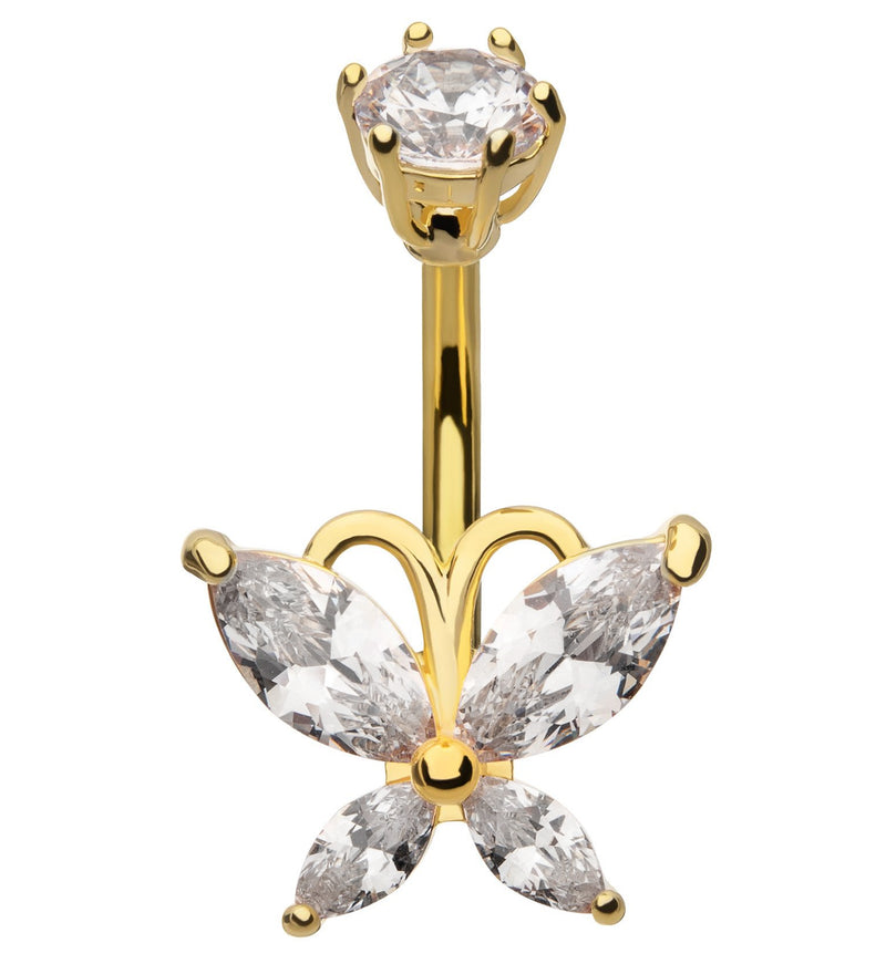 Gold PVD Marquise Butterfly Clear CZ Stainless Steel Belly Button Ring