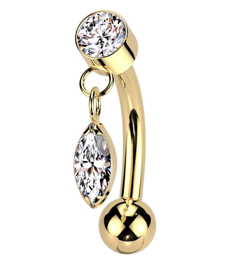 Gold PVD Marquise Dangle Clear CZ Titanium Threadless Curved Barbell