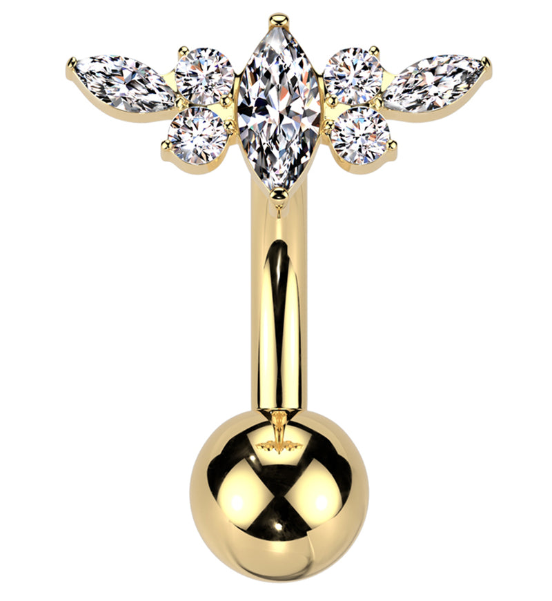 Gold PVD Marquise Half Crown Clear CZ Titanium Threadless Belly Button Ring