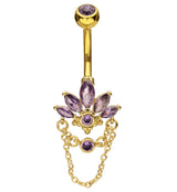 Gold PVD Marquise Lotus Amethyst CZ Dangle Chain Stainless Steel Belly Button Ring