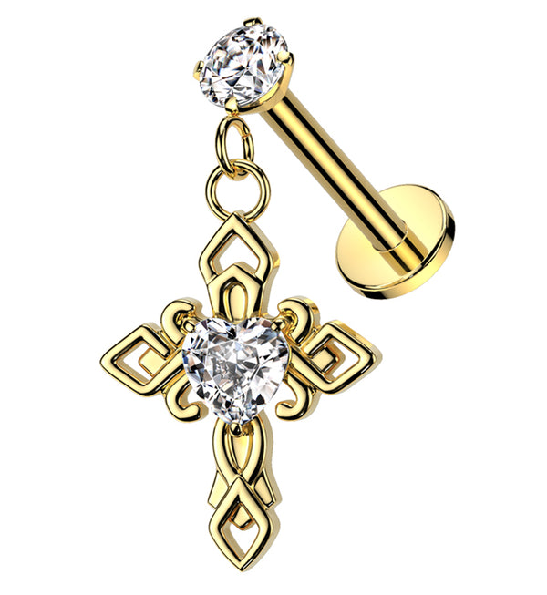 Gold PVD Ornate Cross Dangle Heart Clear CZ Internally Threaded Stainless Steel Labret