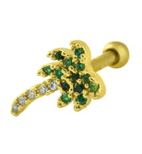 Gold PVD Palm Tree Green CZ Cartilage Barbell