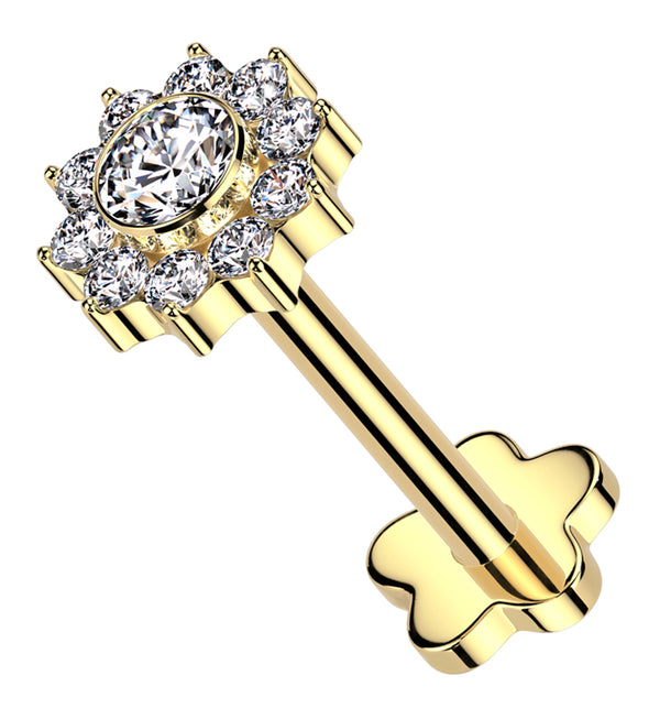 Gold PVD Pave Flower Clear CZ Flower Back Internally Threaded Titanium Labret