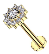 Gold PVD Pave Flower Clear CZ Internally Threaded Titanium Labret