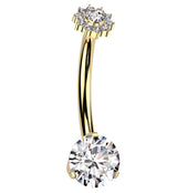 Gold PVD Pave Flower Clear CZ Titanium Internally Threaded Belly Button Ring