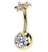 Gold PVD Pinwheel Flower Clear CZ Titanium Threadless Belly Button Ring