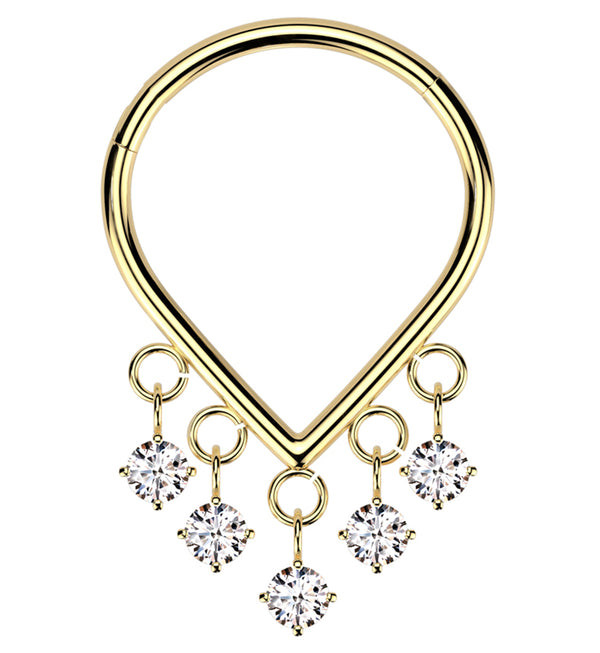 Gold PVD Pointed Multi-Dangle Clear CZ Titanium Hinged Segment Ring