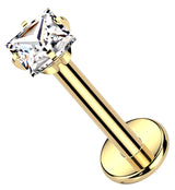 Gold PVD Prong Square Clear CZ Internally Threaded Titanium Labret