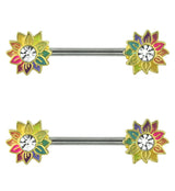 Gold PVD Rainbow Sunflower Clear CZ Stainless Steel Nipple Barbell