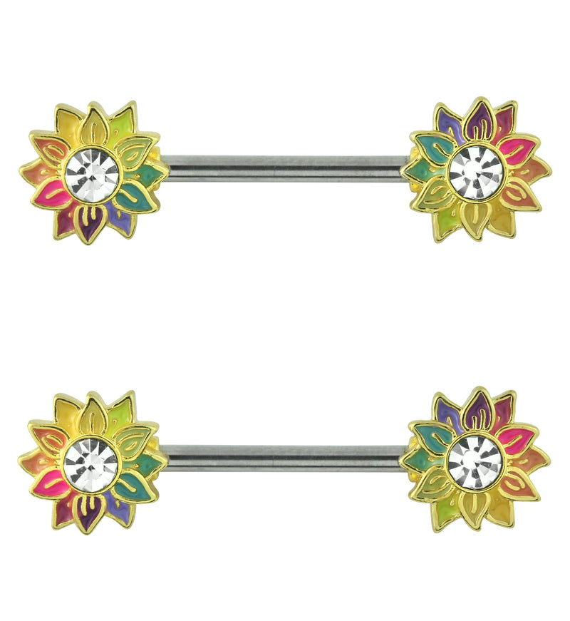 Gold PVD Rainbow Sunflower Clear CZ Stainless Steel Nipple Barbell