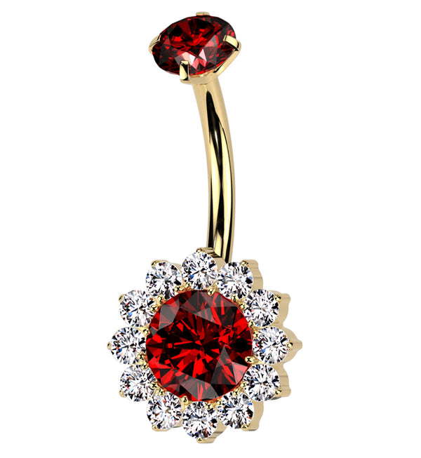 Gold PVD Red CZ Bold Flower Titanium Internally Threaded Belly Button Ring